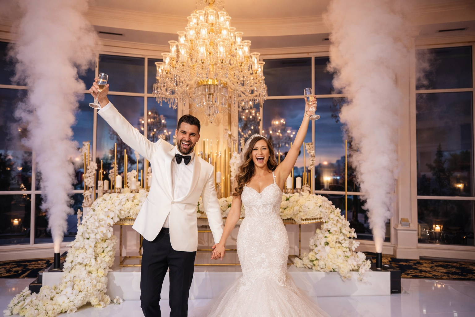 Newlyweds celebrate beneath a chandelier with raised arms at a formal wedding reception