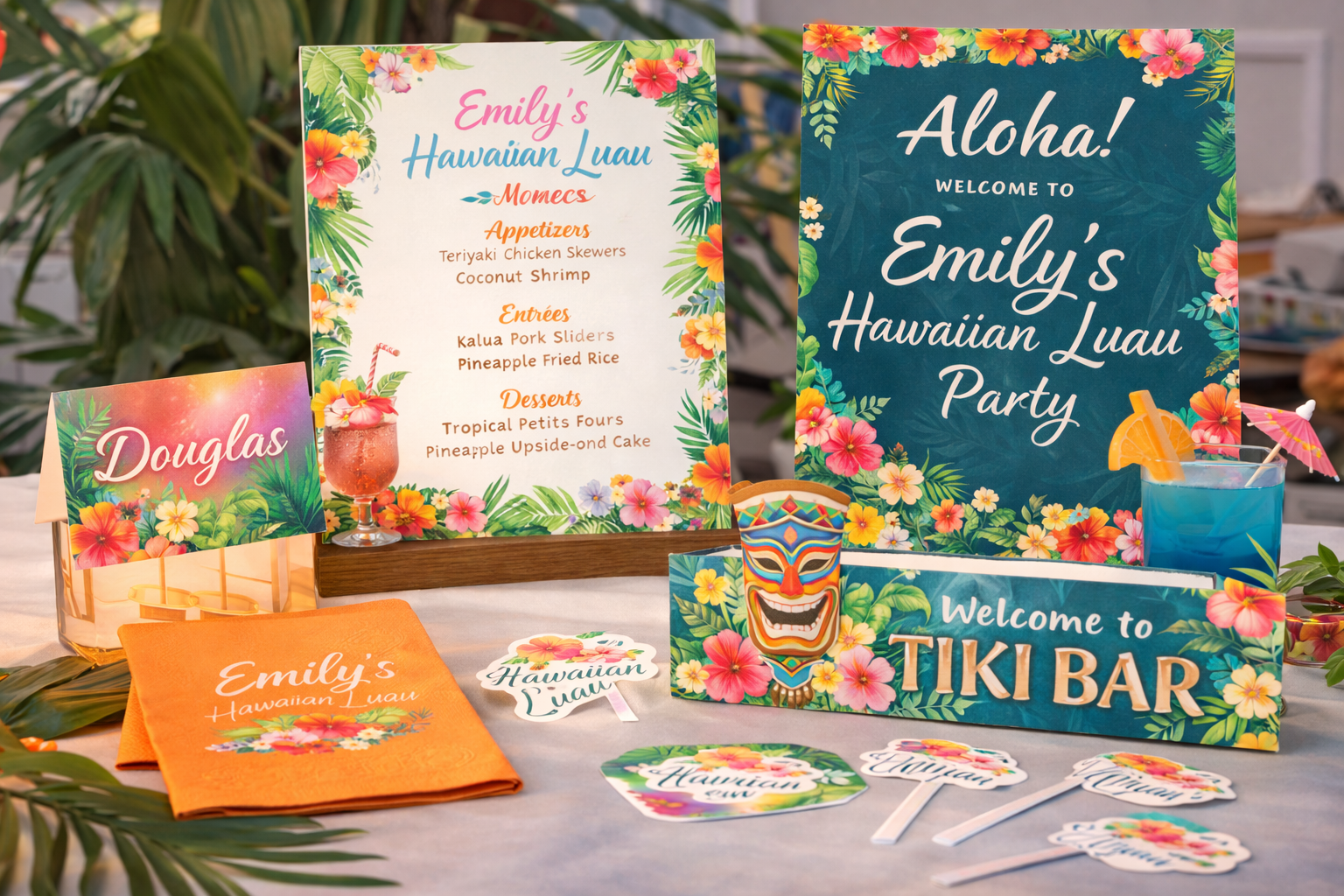 Tropical party display with colorful Hawaiian-themed signs, leis, tiki decor, and an Emily’s luau dessert table