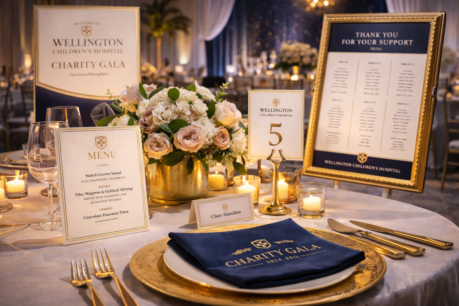 Elegant charity gala table setting with gold decor, menu cards, roses, candles, and navy dinnerware