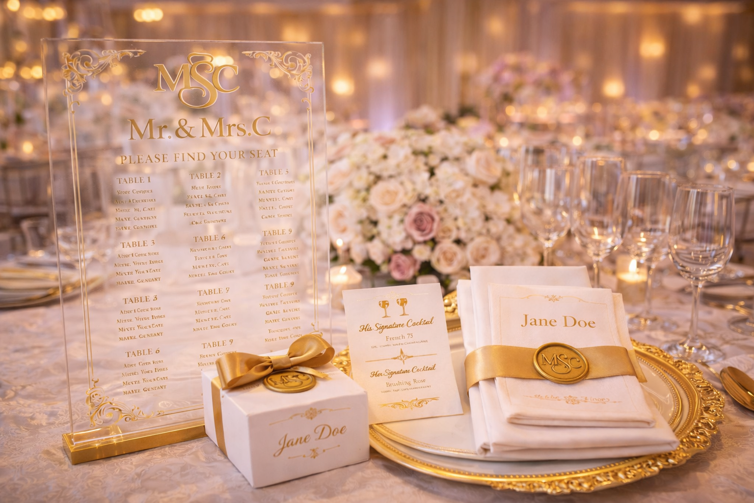 Elegant gold-and-cream wedding table setting with menus, favors, glassware, and floral centerpieces