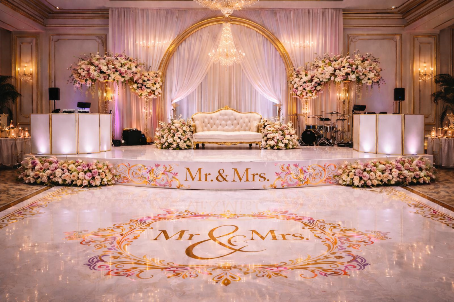 Elegant wedding stage with white-and-gold decor, floral arrangements, and “Mr. & Mrs.” signs on floor and dais