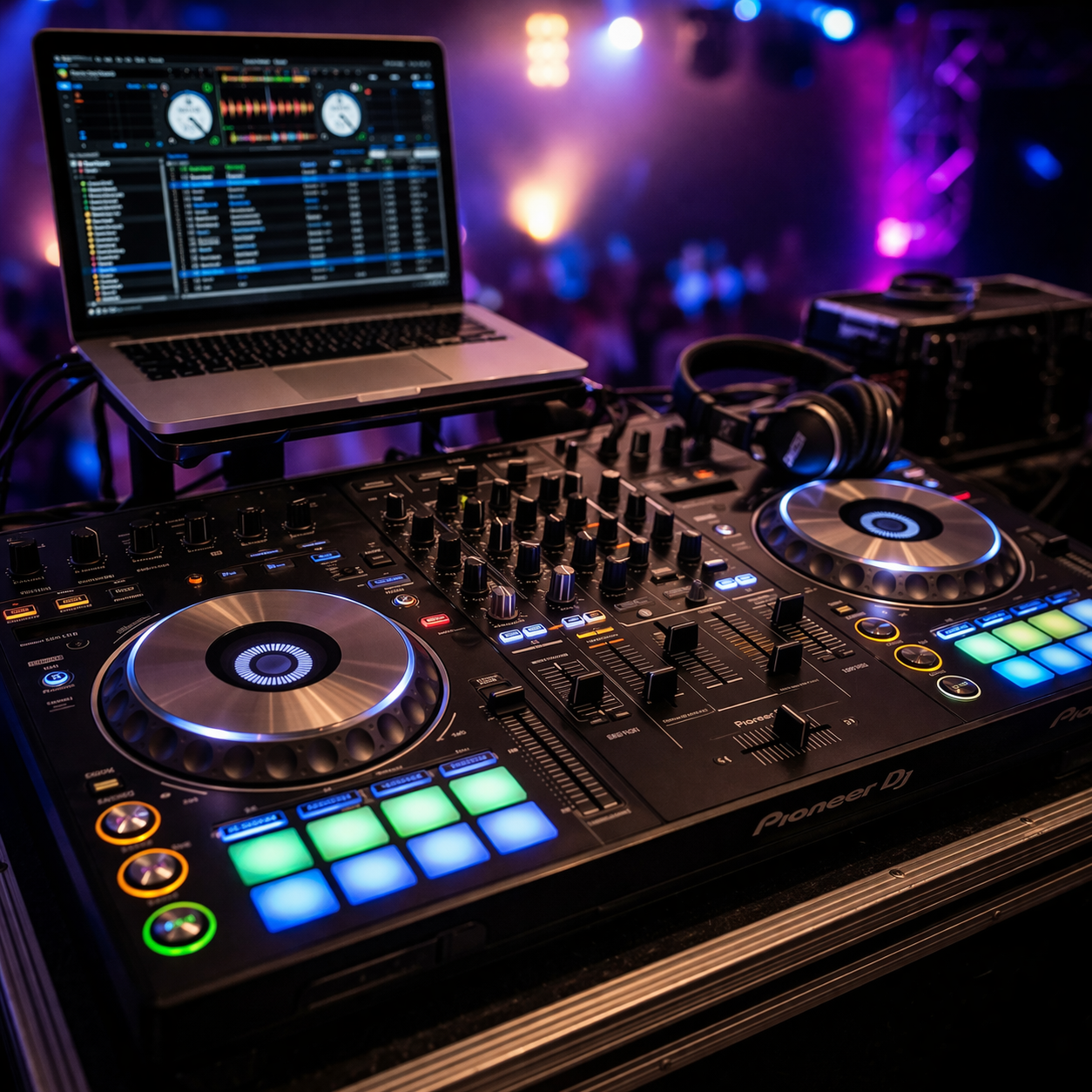 DJ controller with glowing pads and laptop on a club booth, with colorful lights in the background
