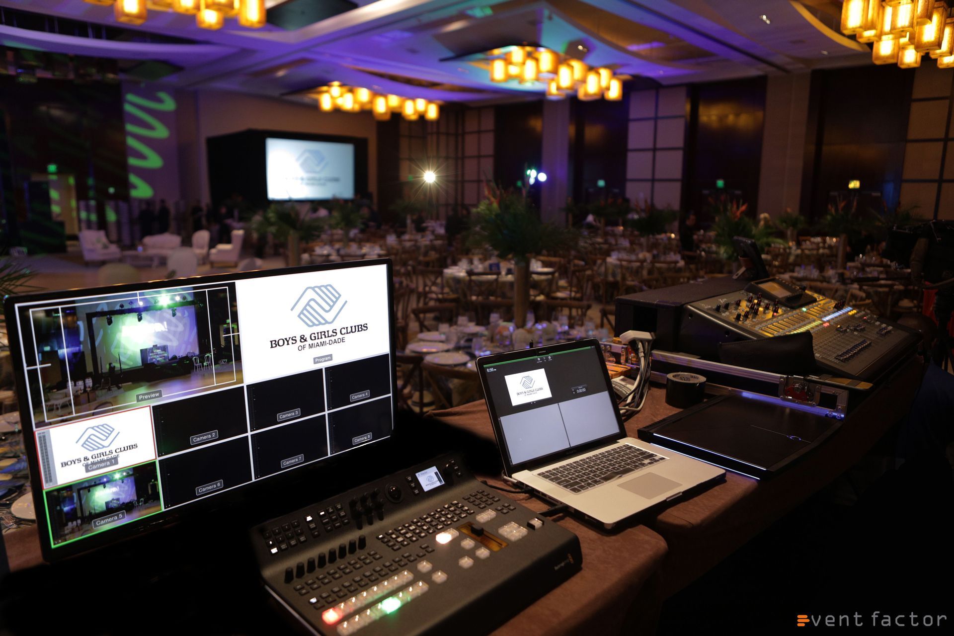 Control room with video monitors and laptops overlooking a banquet hall event setup