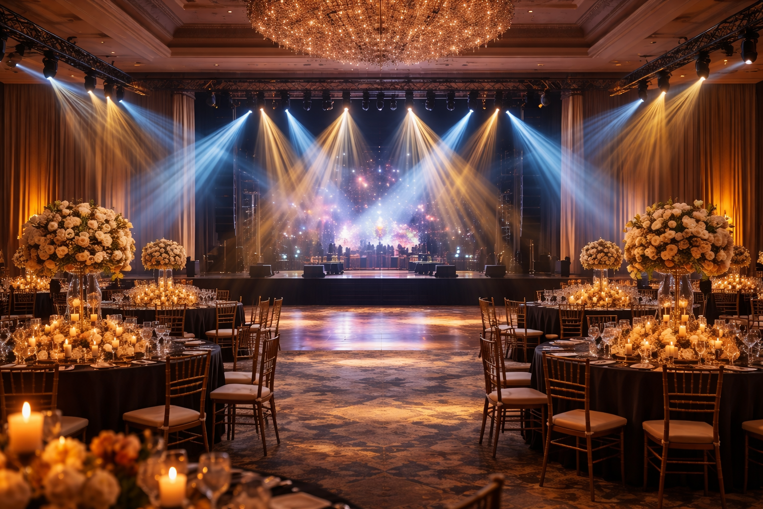 Elegant banquet hall with chandeliers, blue stage lights, and candlelit tables set for an event