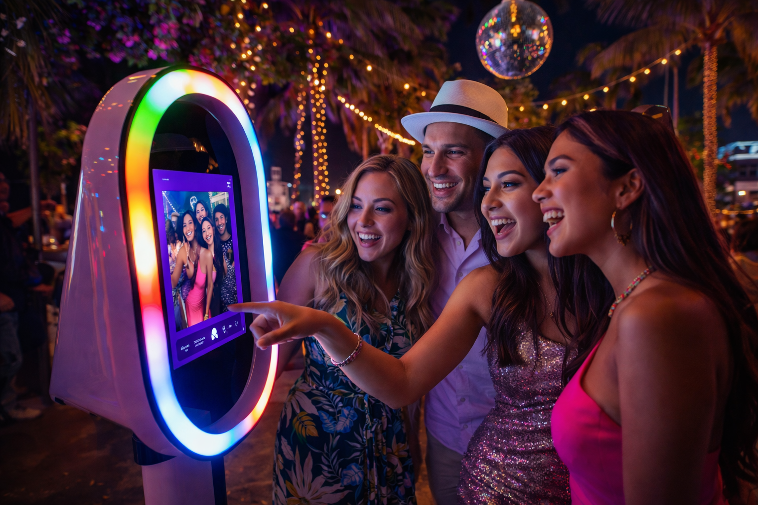 Friends smiling at a colorful neon-lit photo booth at a party, pointing at the screen