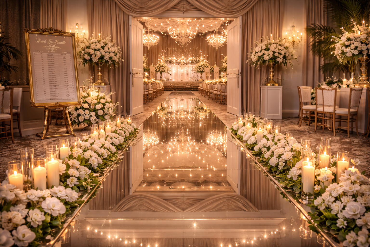 Elegant candlelit wedding aisle with white flowers, draped curtains, and warm golden lights