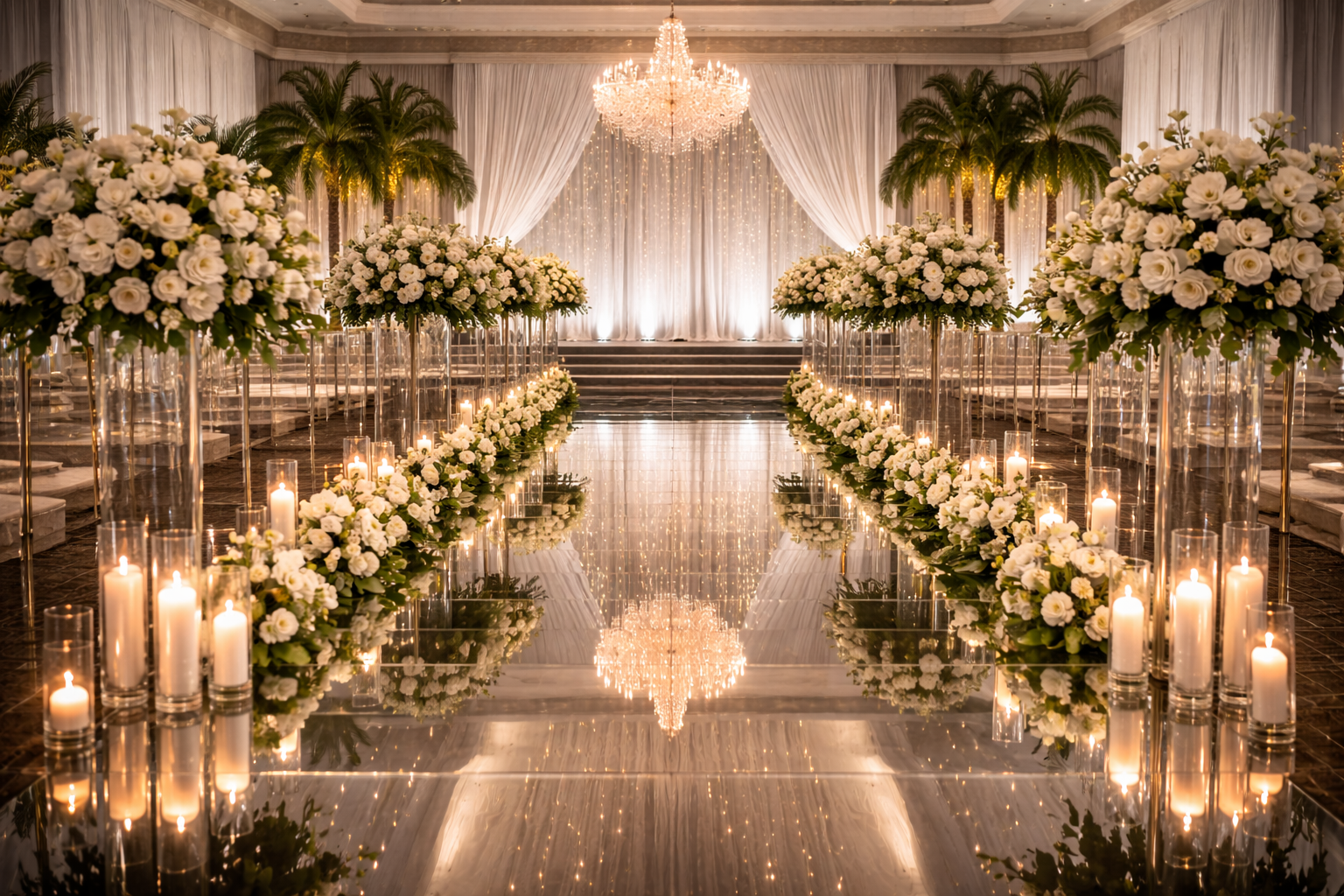Elegant wedding aisle with white flowers, candles, and a mirrored floor beneath chandeliers
