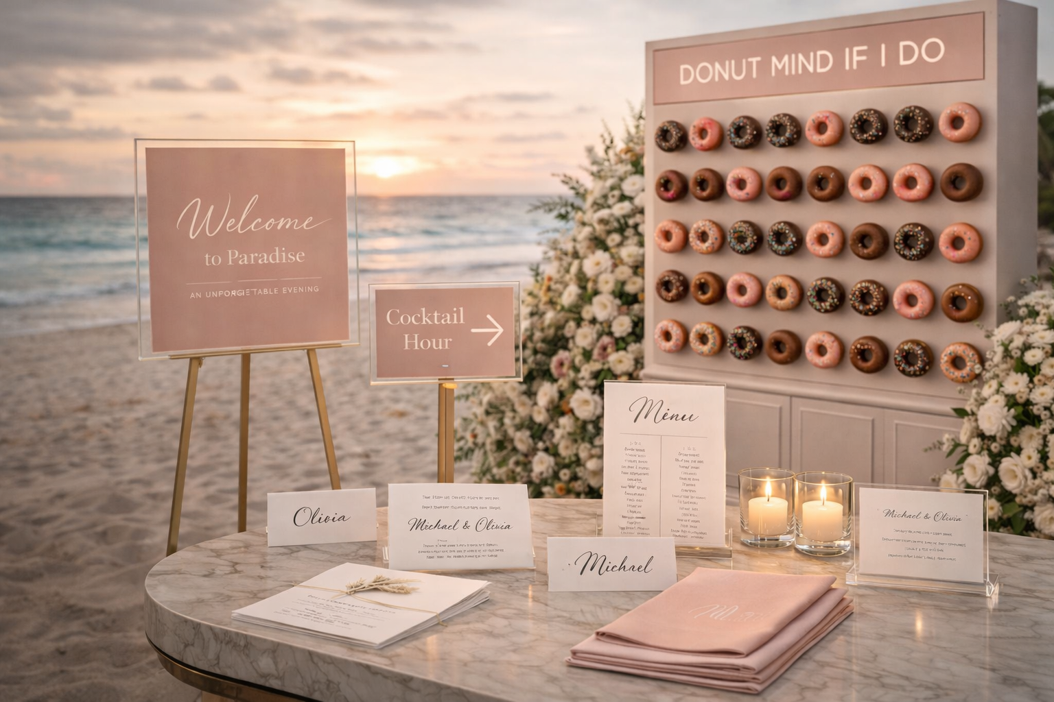Donut wedding display at sunset with welcome sign, donut wall, candles, and guest cards on a rustic table
