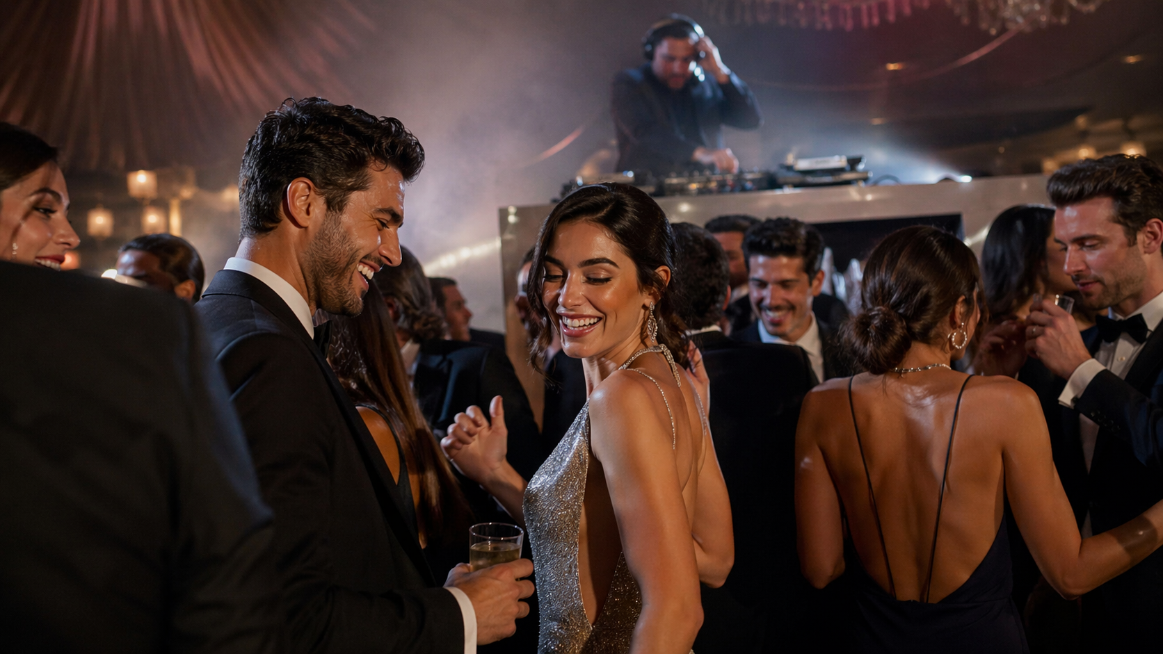 Couple in formalwear smiling at a lively evening party with guests and warm lights in the background