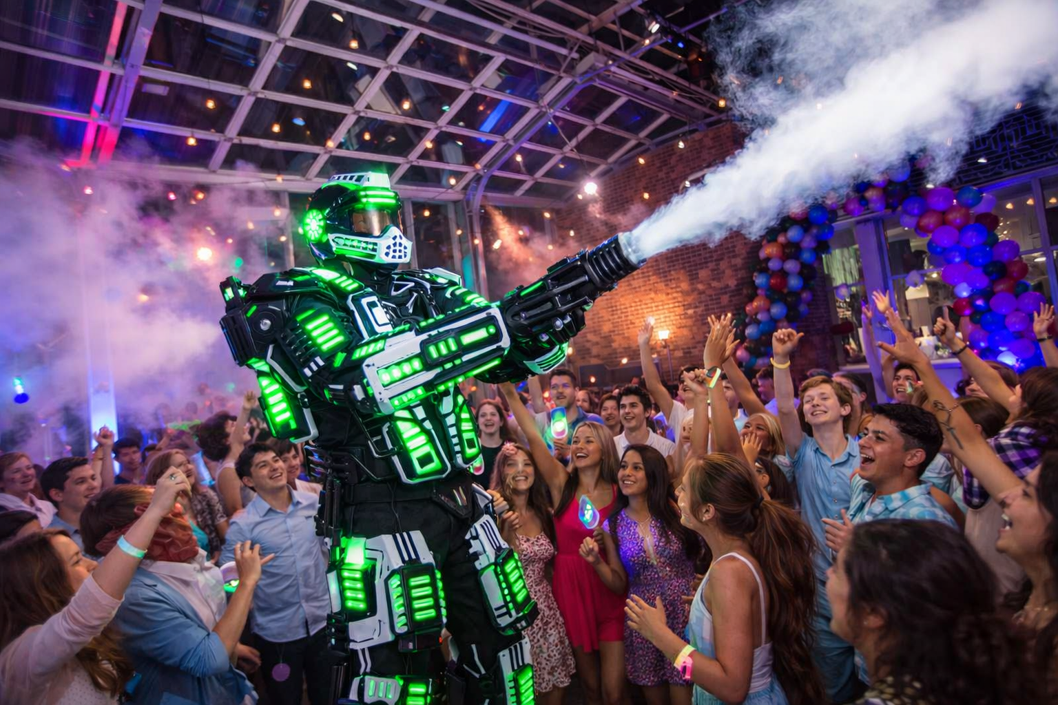 Neon green robot performer spraying confetti at a cheering crowd in a party venue