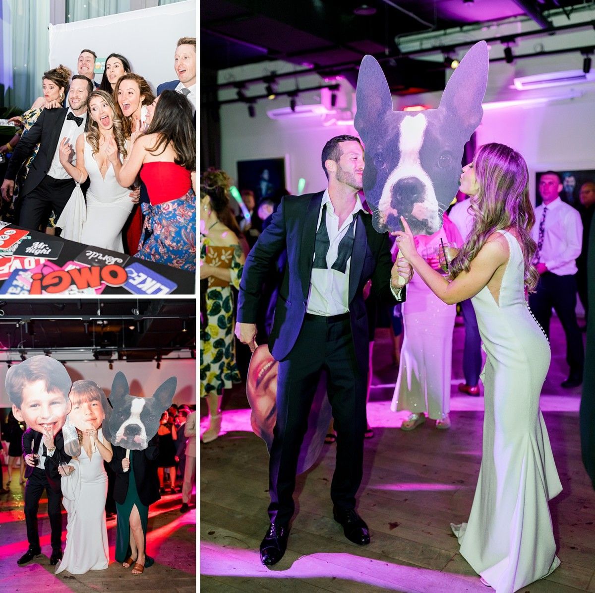 Collage of people posing at a lively event with colorful lighting and a large rabbit display