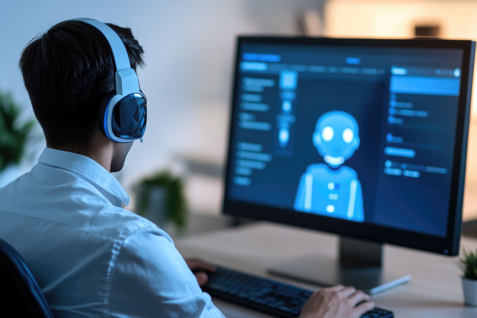 A man wearing headphones is sitting in front of a computer monitor.