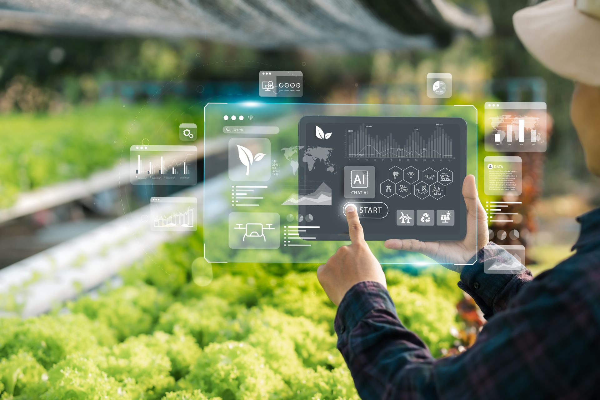 A man is using a tablet in a greenhouse.