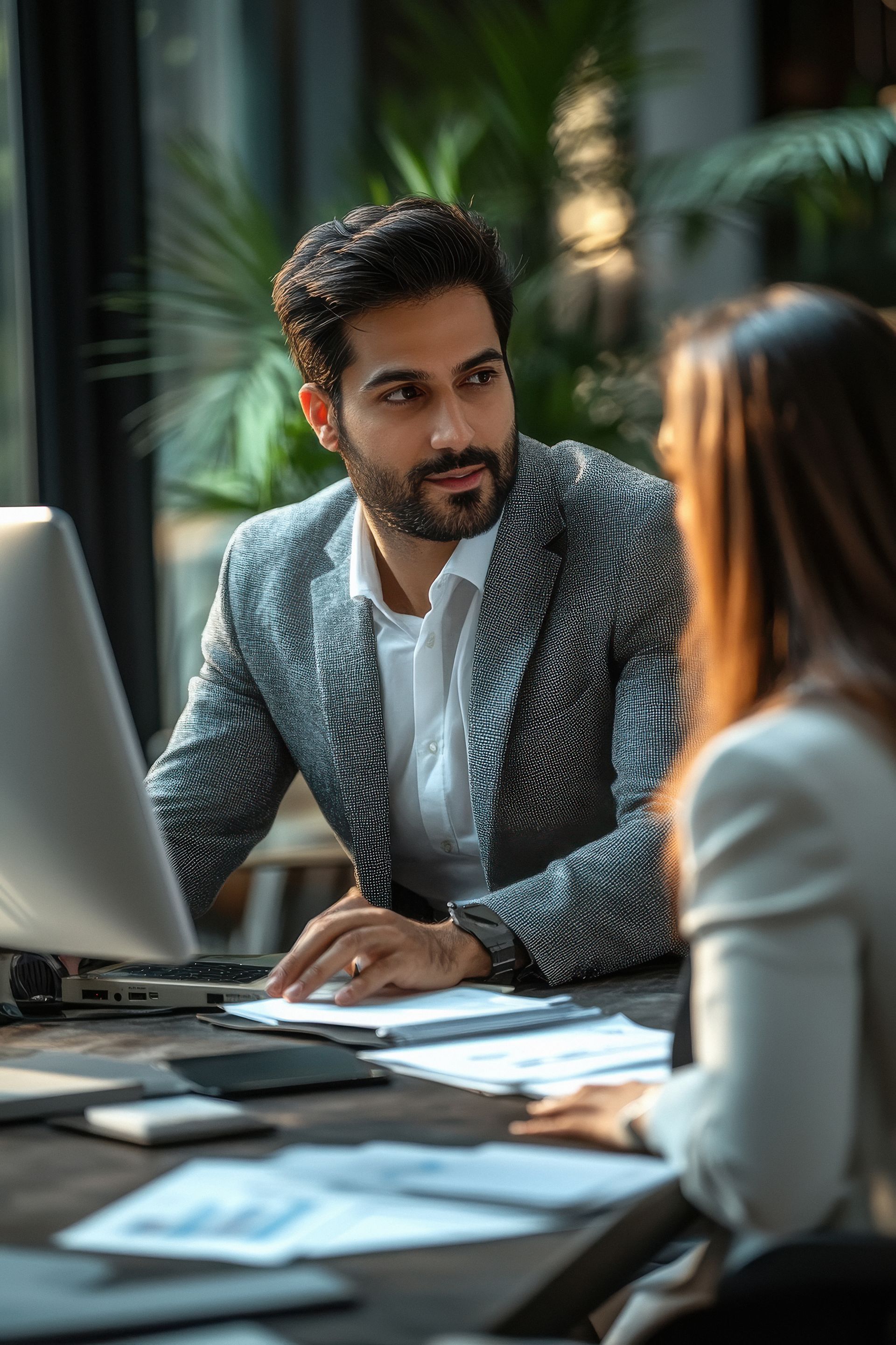 A man and a woman are sitting at a desk in front of a laptop computer.