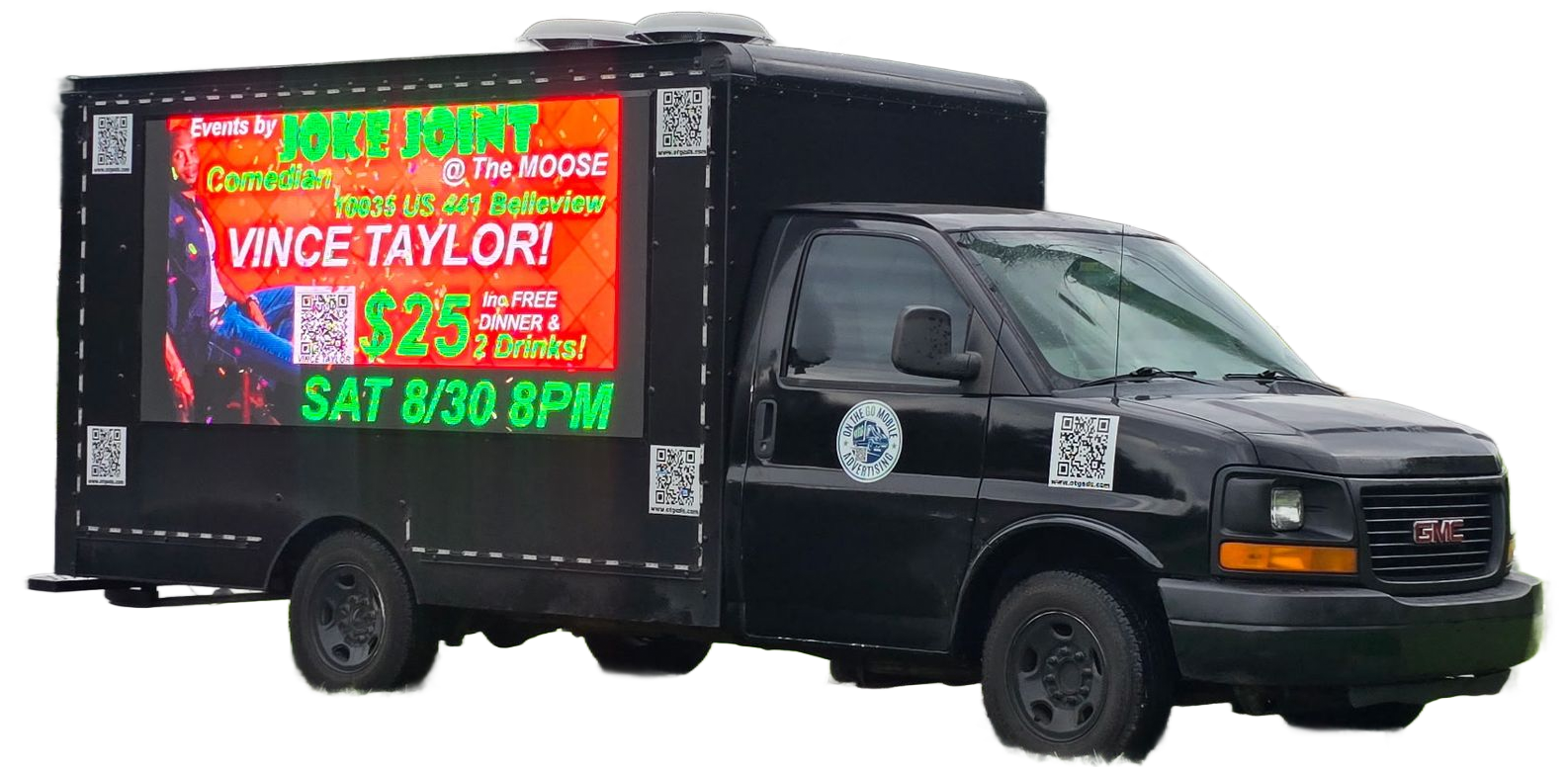 Black advertising truck with an LED screen promoting a show featuring Vince Taylor.