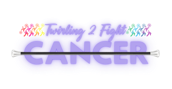 A twirling 2 fight cancer logo with a twirling stick and people dancing.