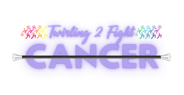 A twirling 2 fight cancer logo with a twirling stick and people dancing.