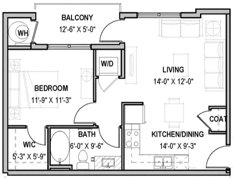 Floor plan of a one-bedroom apartment with a living area, kitchen, bathroom, walk-in closet, and balcony.