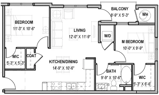 A floor plan for a two-bedroom apartment featuring a living area, kitchen, two bathrooms, a balcony, and walk-in closets.