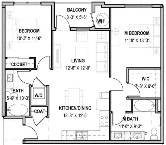 Floor plan of a two-bedroom, two-bathroom apartment featuring a central living area, kitchen, and private balcony.