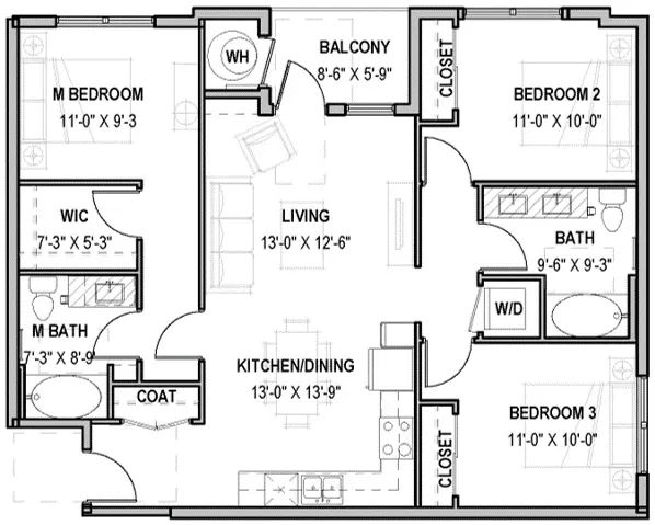 Floor plan for a three-bedroom apartment, featuring a central living area, kitchen, balcony, and two bathrooms.