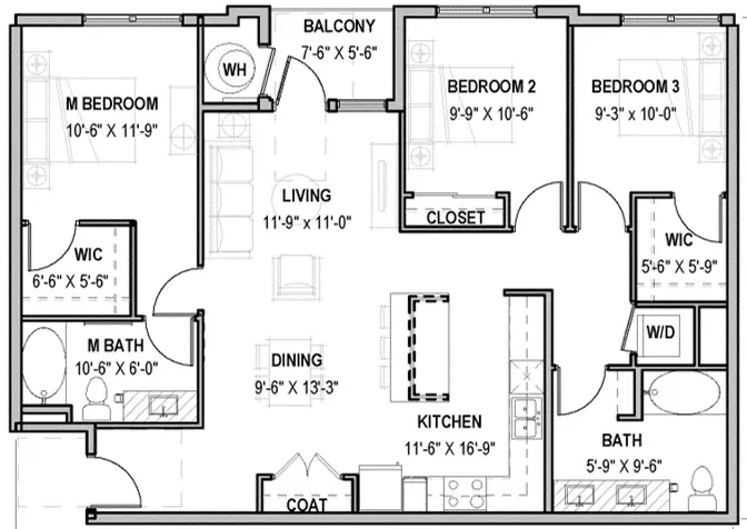 Floor plan for a three-bedroom apartment with a living area, kitchen, balcony, and two bathrooms.