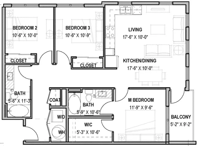 Floor plan of a three-bedroom apartment featuring an open living/kitchen area, two bathrooms, and a private balcony.