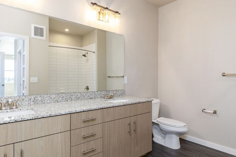 A bright bathroom with light wood cabinets, granite countertops, a large mirror, and a toilet against a plain wall.