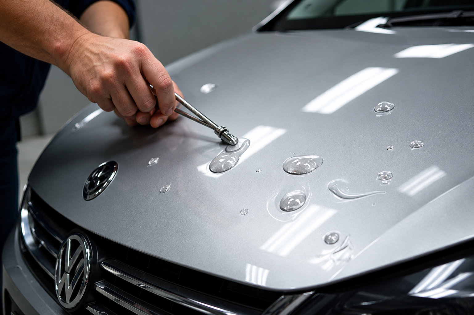 Person using a suction cup tool to remove dents from a silver car hood