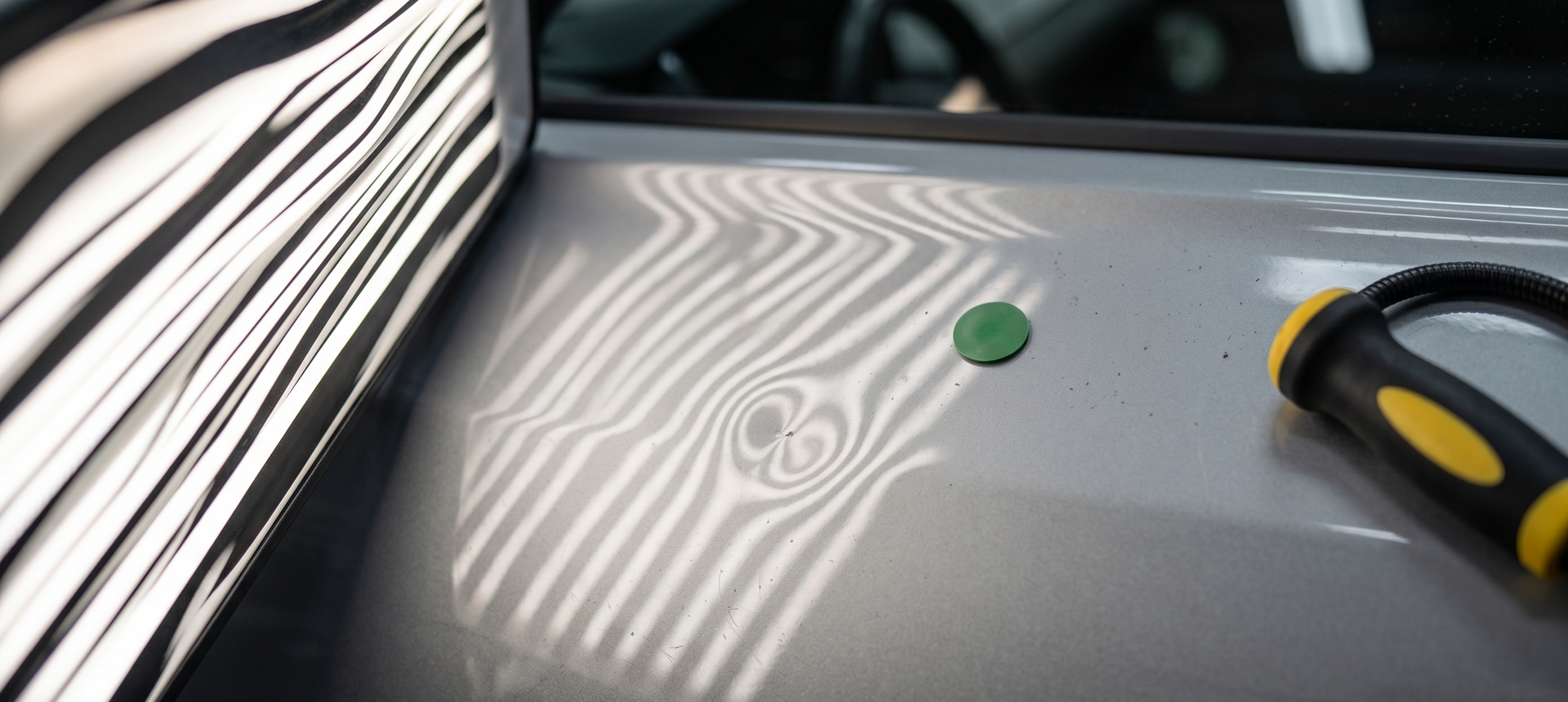 Close-up of a gray tabletop with a green button, black-and-yellow tool, and striped reflections nearby