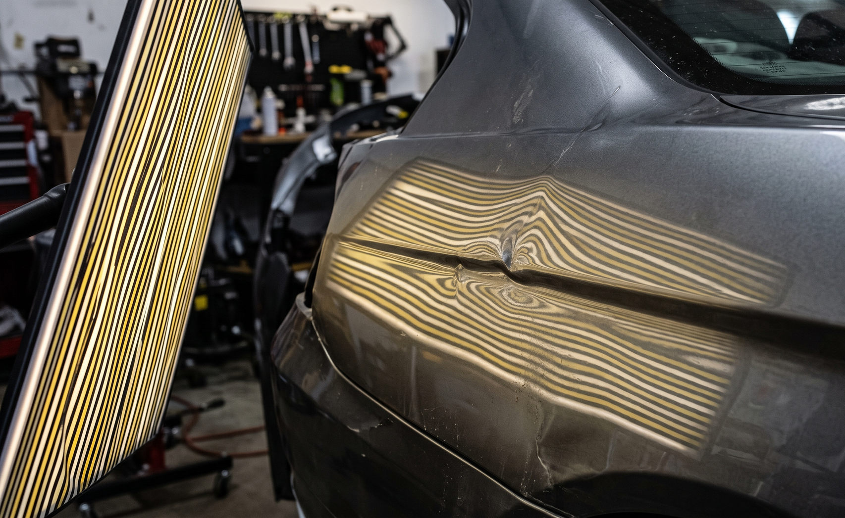 Car with a large dent in the side panel reflecting striped lights in an auto repair shop
