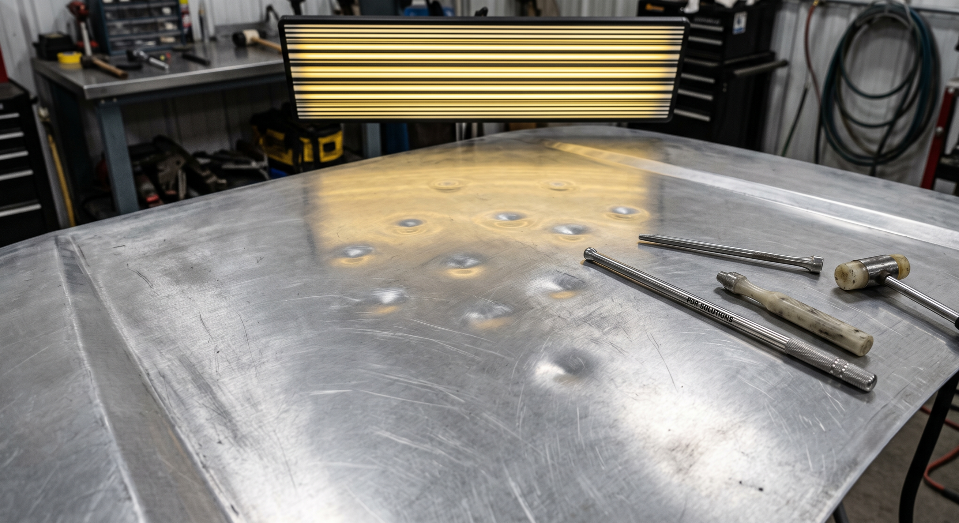 Metal workbench with a reflective sheet and several metal tools in a workshop.