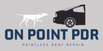 ON POINT PDR logo with white deer and black car, blue text reading “Paintless Dent Repair”