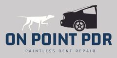 On Point PDR logo with white hail-damage car beside black car silhouette on gray background