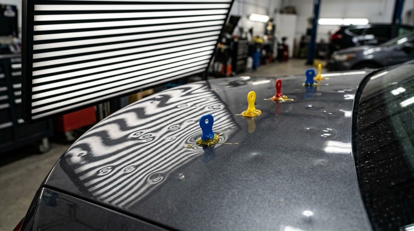 Blue, yellow, and red chess pawns lined up on a glossy car roof in a garage