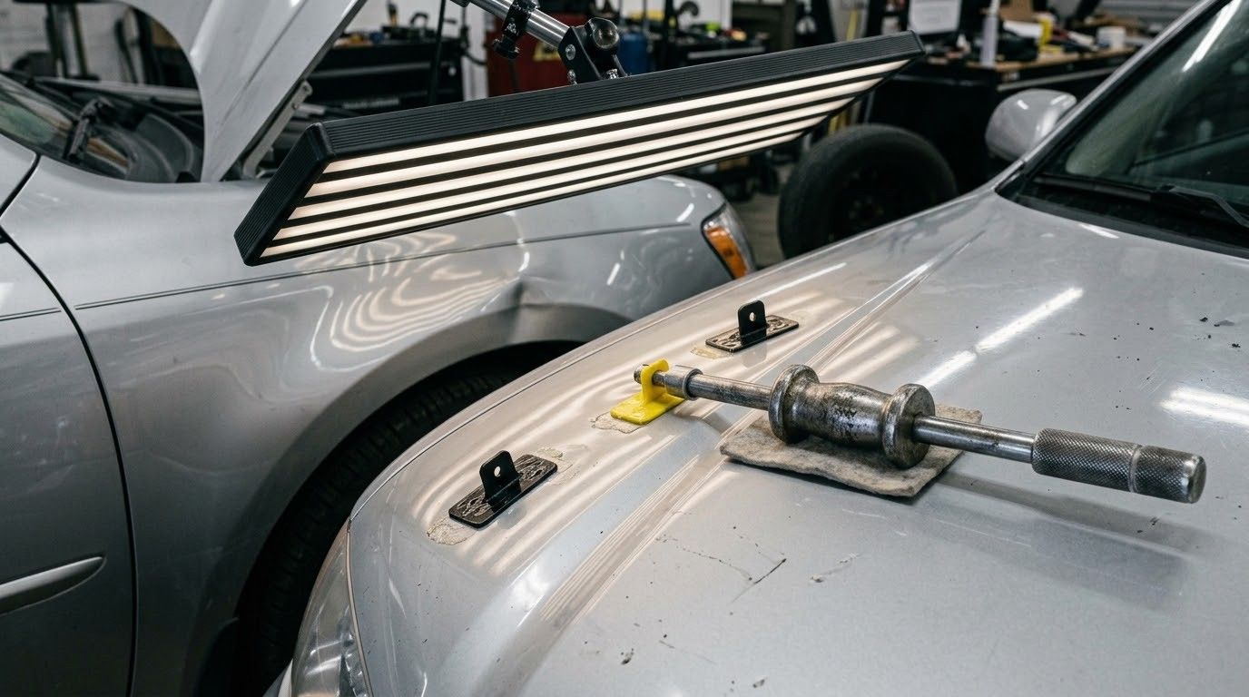 Two silver cars in a garage, with tools laid across the hood of the front car.