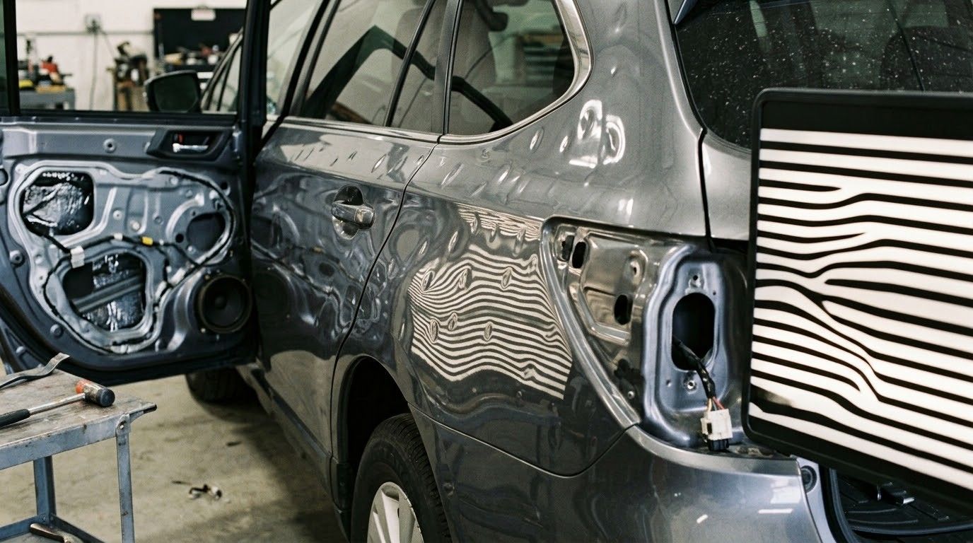 Damaged gray SUV with side panels removed in a body shop, exposing the door and rear interior.