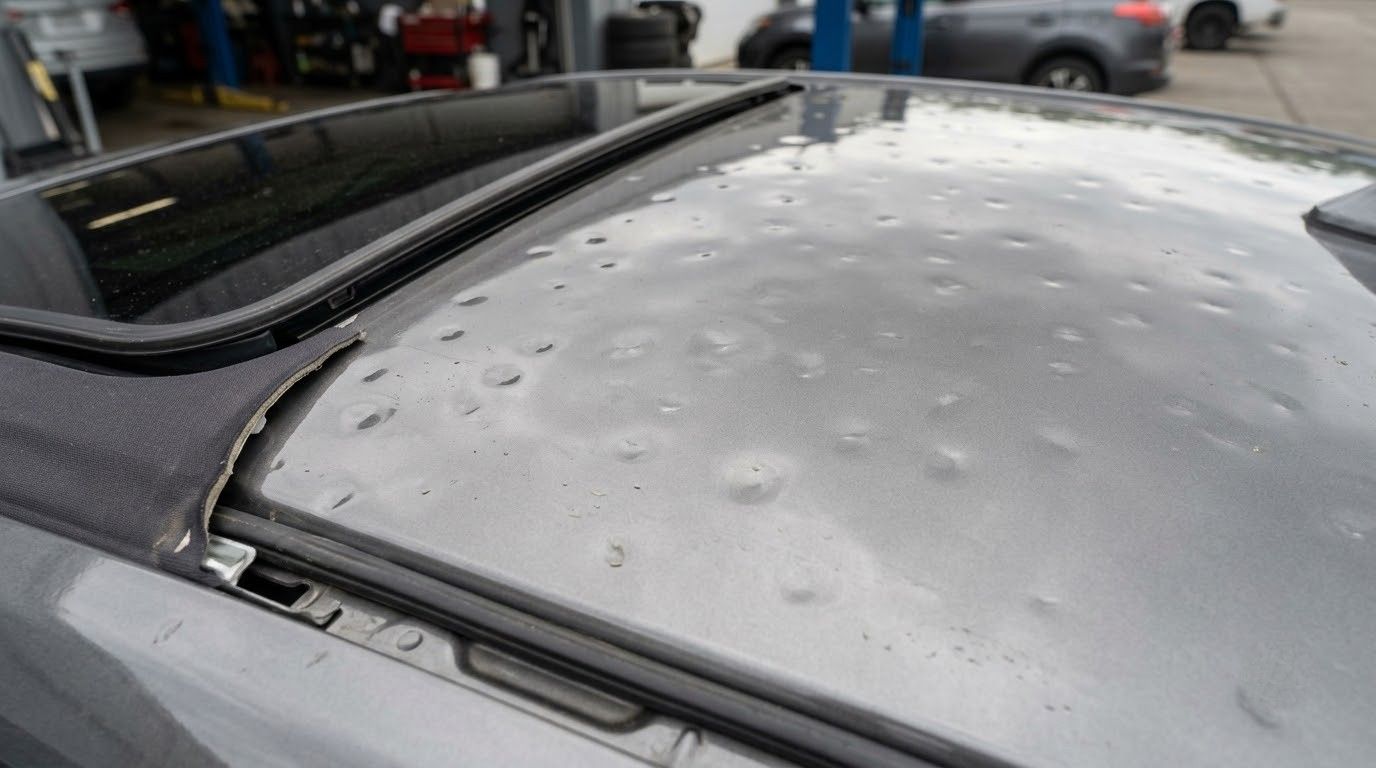 Rain-soaked silver car roof with water droplets and a partially open sunroof