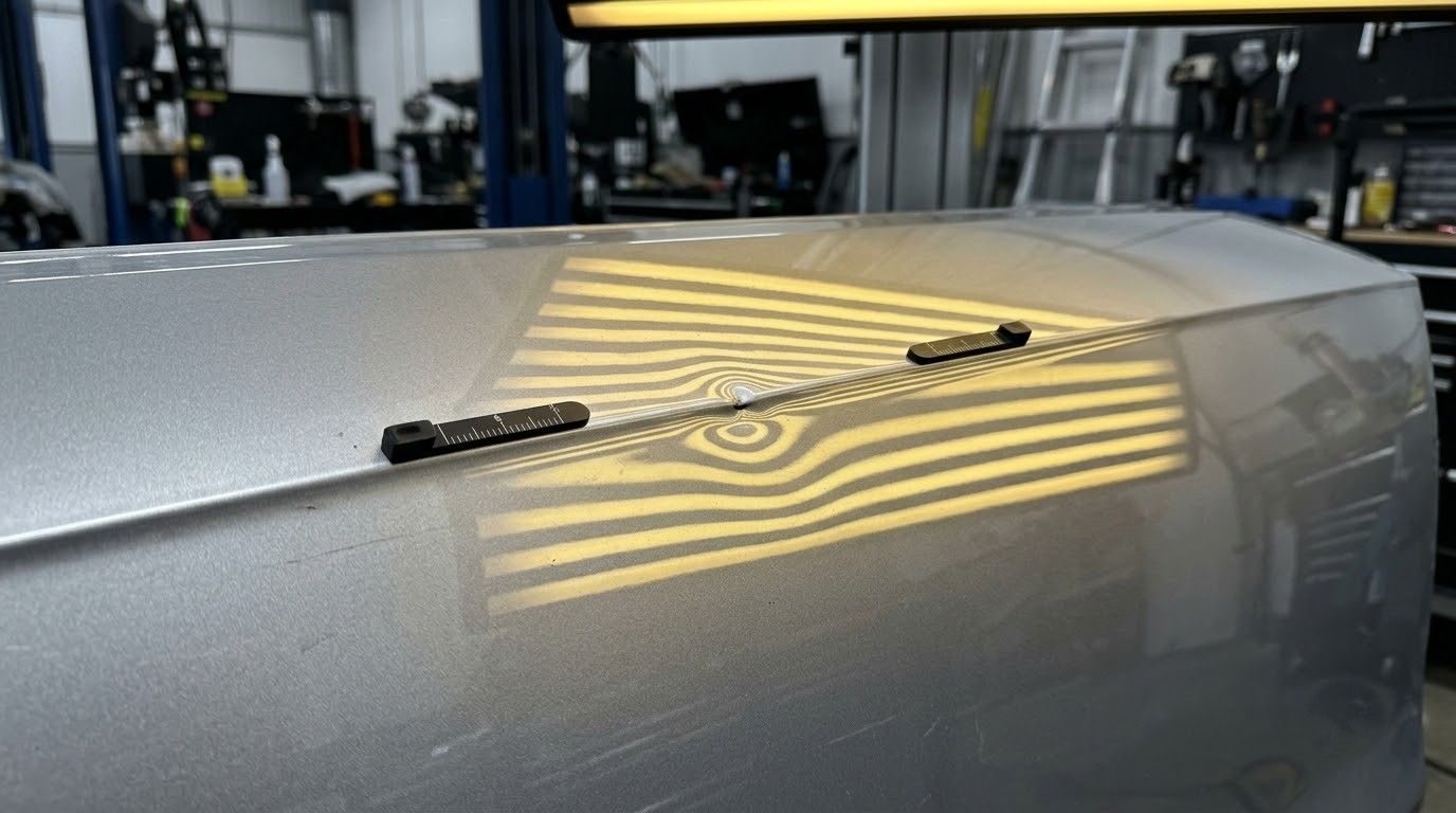 Reflective silver car hood with a yellow striped light reflection in a garage