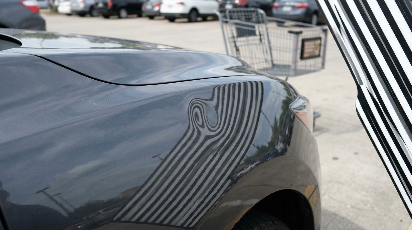 Close-up of a glossy black car fender reflecting striped lines and nearby parking lot railings