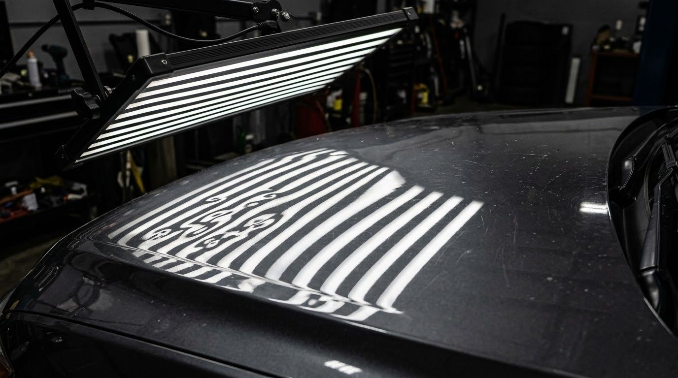 Striped sunlight reflection on a car hood in a garage
