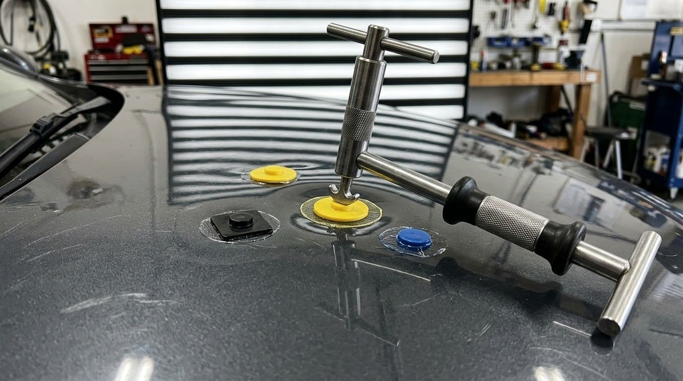 Dental drill and suction tools resting on a car hood with paintless dent repair glue tabs nearby