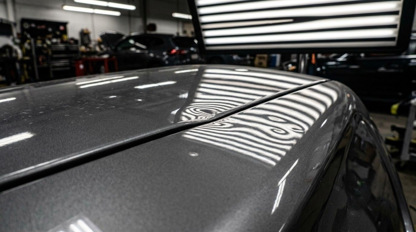 Close-up of a glossy black car roof reflecting bright garage lights and ceiling slats