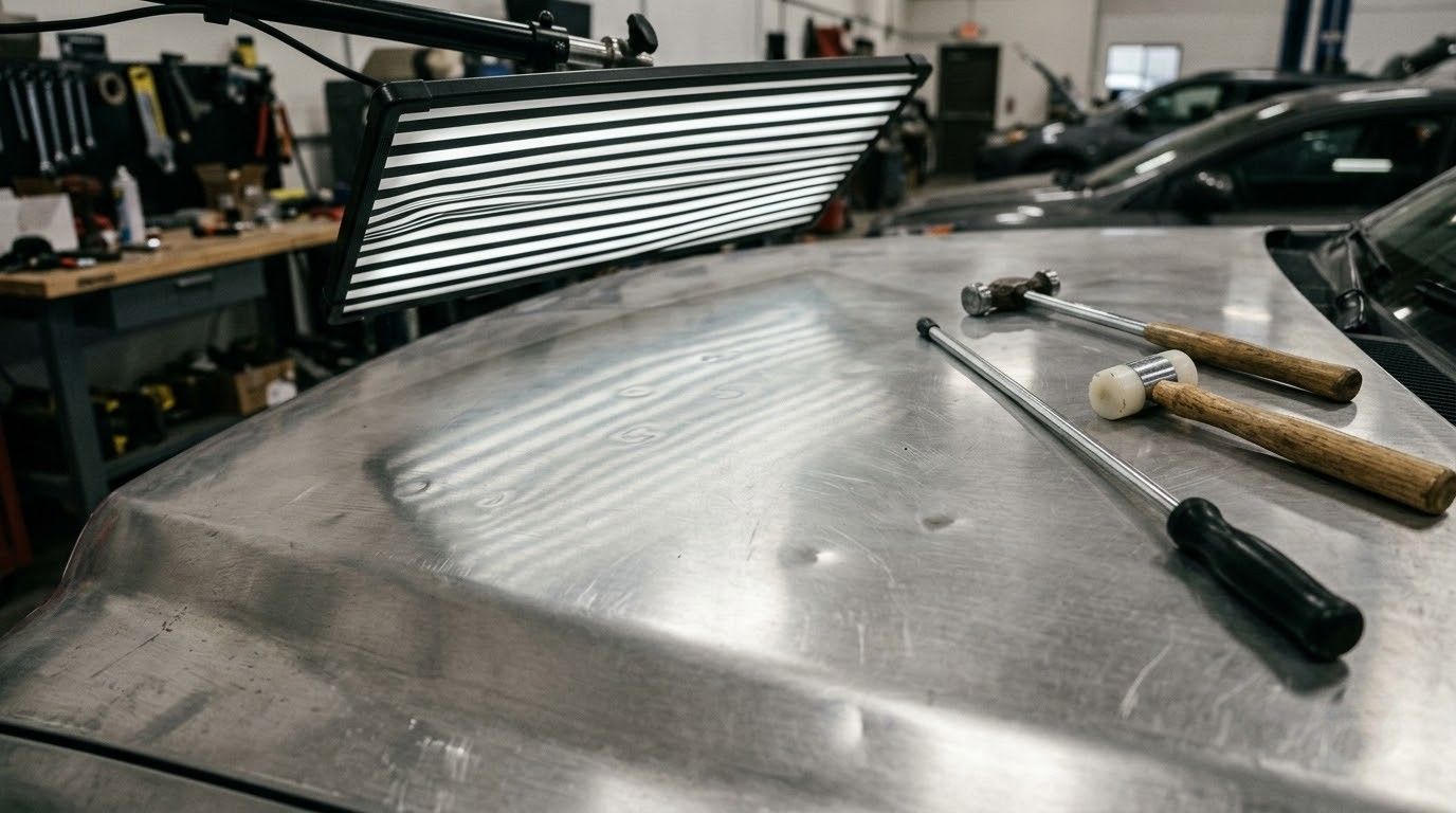 Workshop floor with a metal surface and several hand tools laid on top.