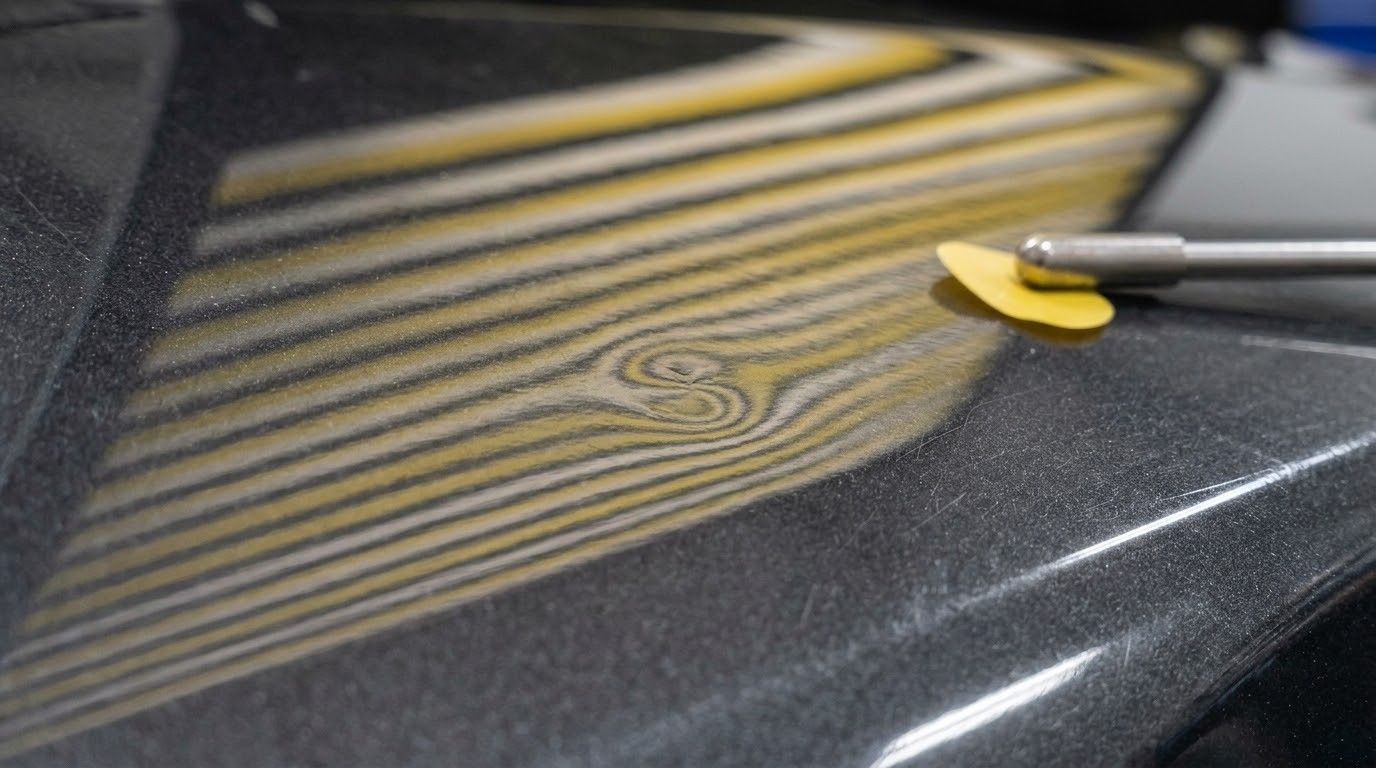 Hand using a scraper to remove yellow paint from a black car surface, showing striped reflection patterns