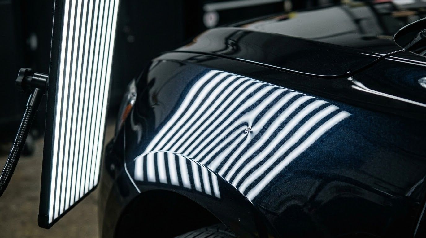 Close-up of a black car hood reflecting striped lights beside a vertical light panel.