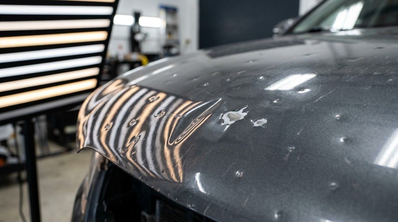 Close-up of a black car hood with scuff marks and reflected workshop lights