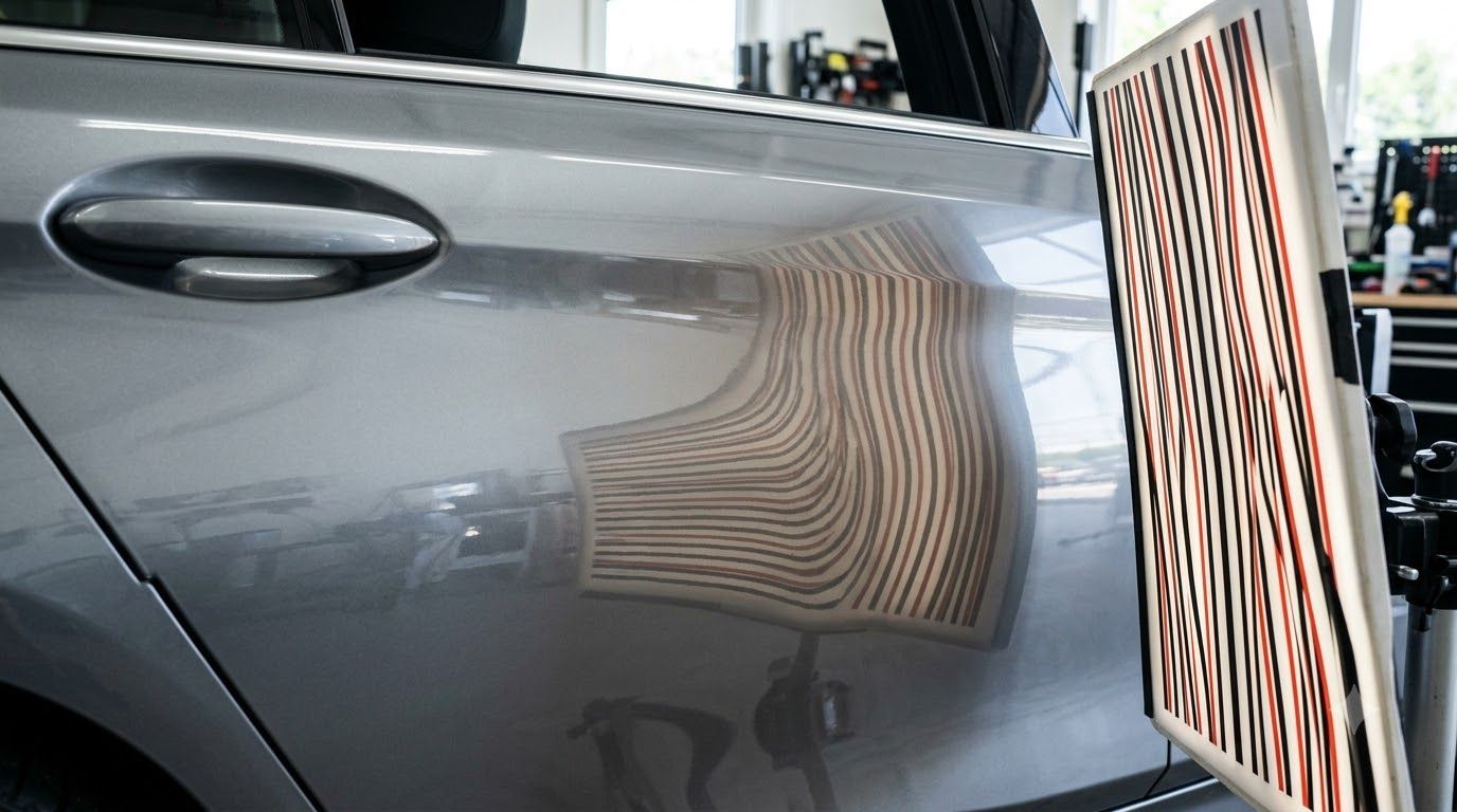 Gray car door with handle and reflection of a striped panel nearby