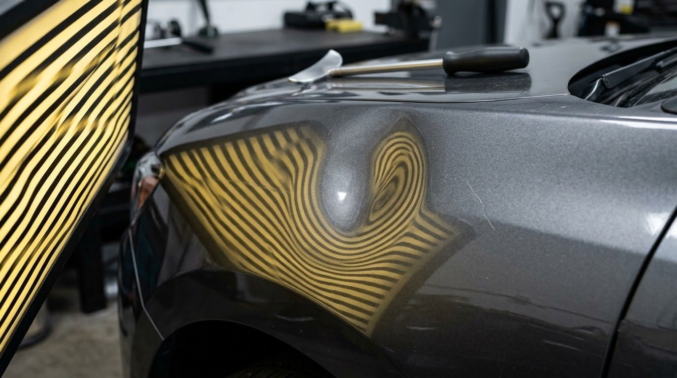 Gray car fender reflecting yellow-and-black striped wall in a shop