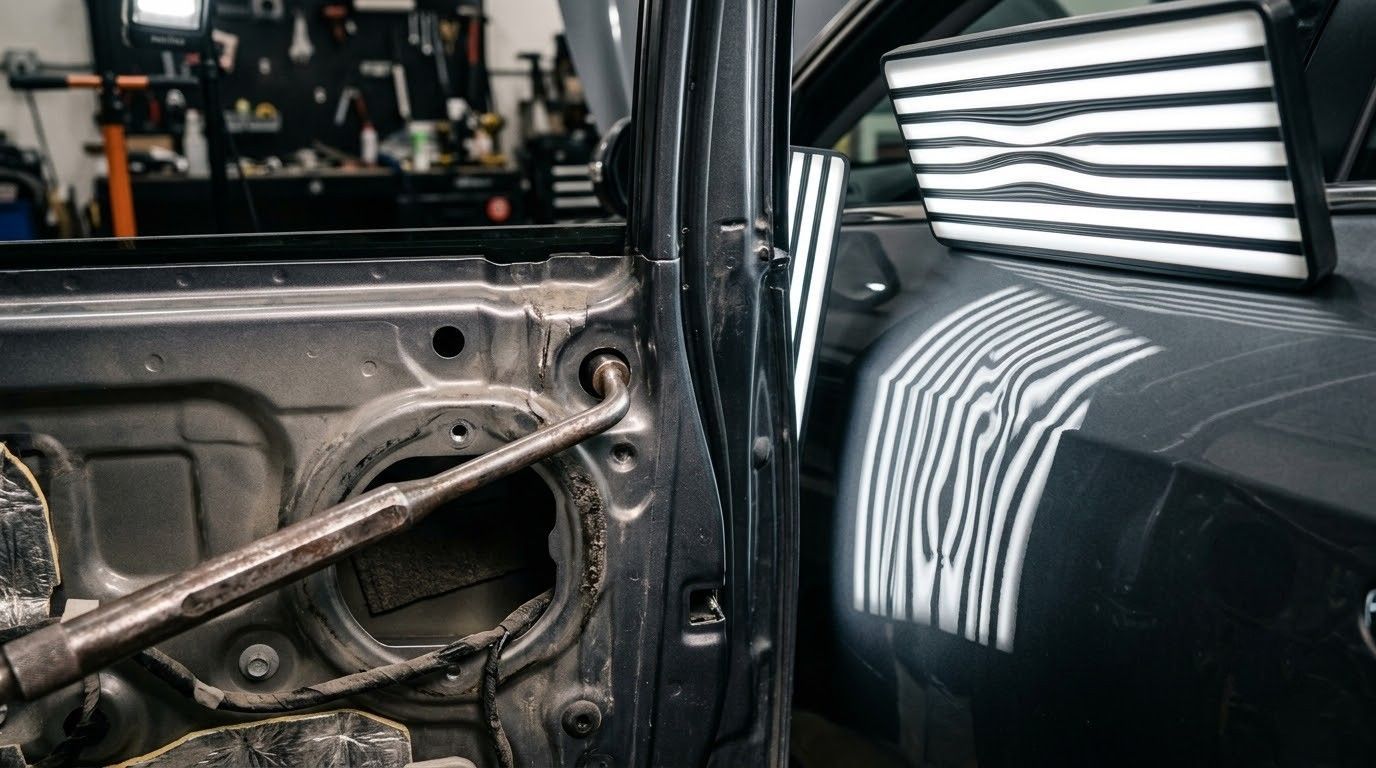 Classic car interior with exposed metal door panel and black seat in a workshop